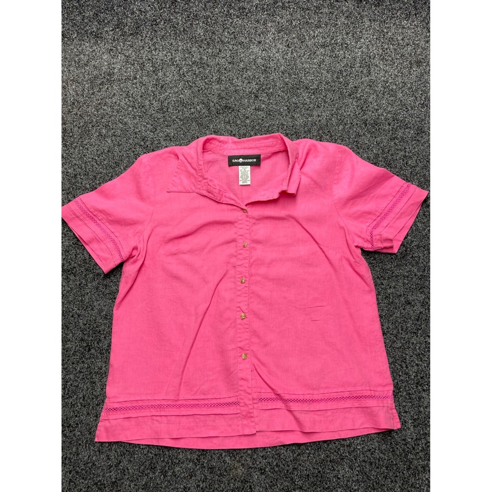 Sag Harbor Womens Pink 100% Linen Short Sleeve Lace Trim Button Up Shirt Size 14